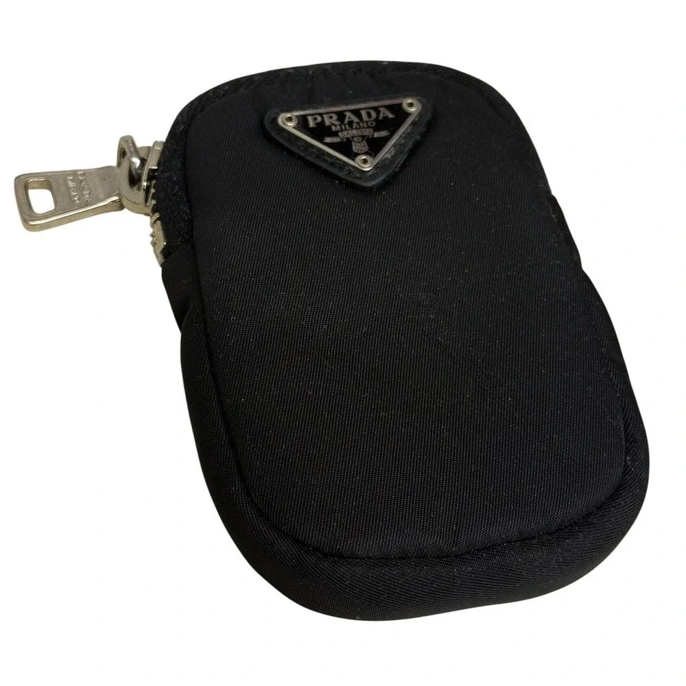 Prada Re-Nylon Mini Pouch Black Enamel Triangle Logo Zip Bag Charm Accessory